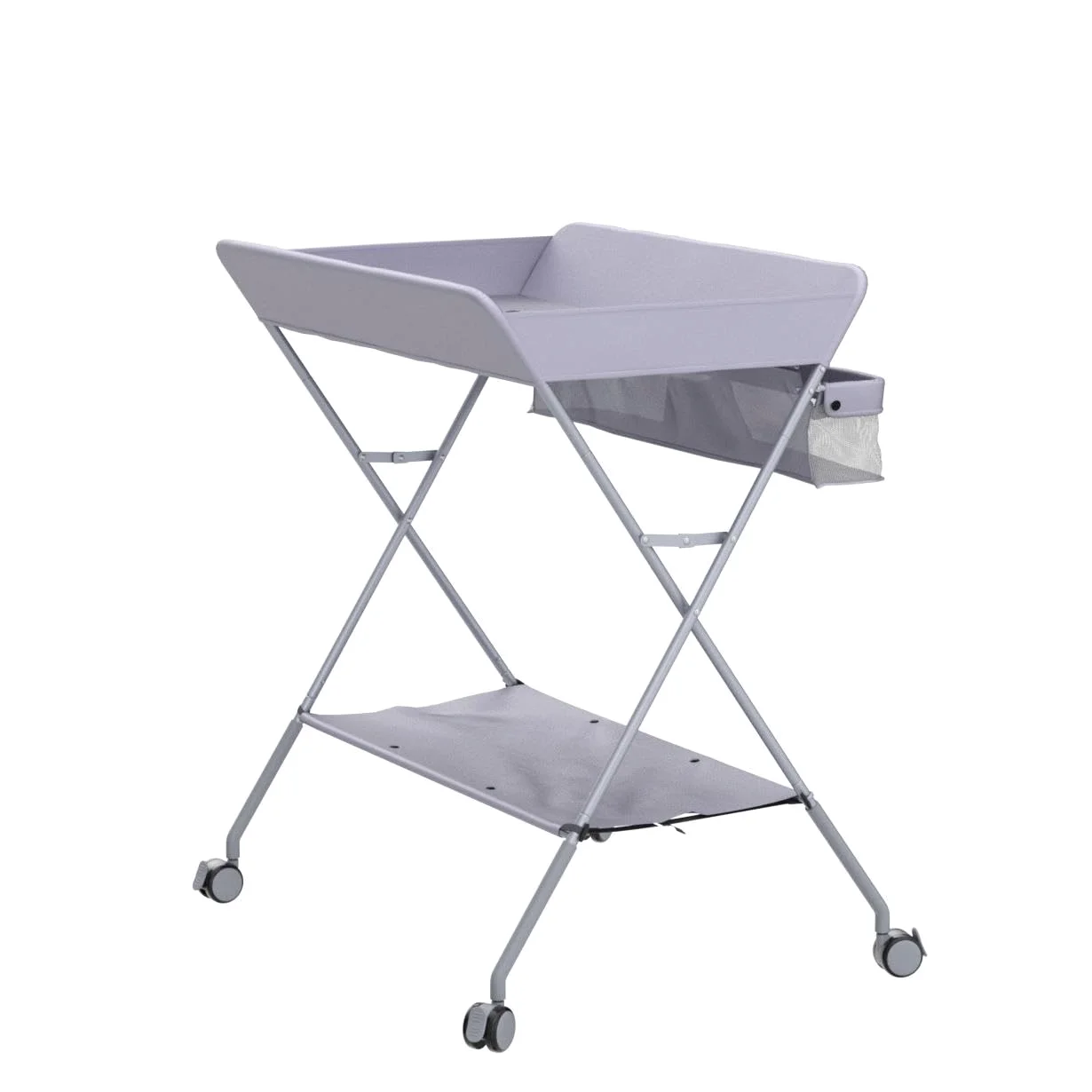 A grey folding changing table seen from the side